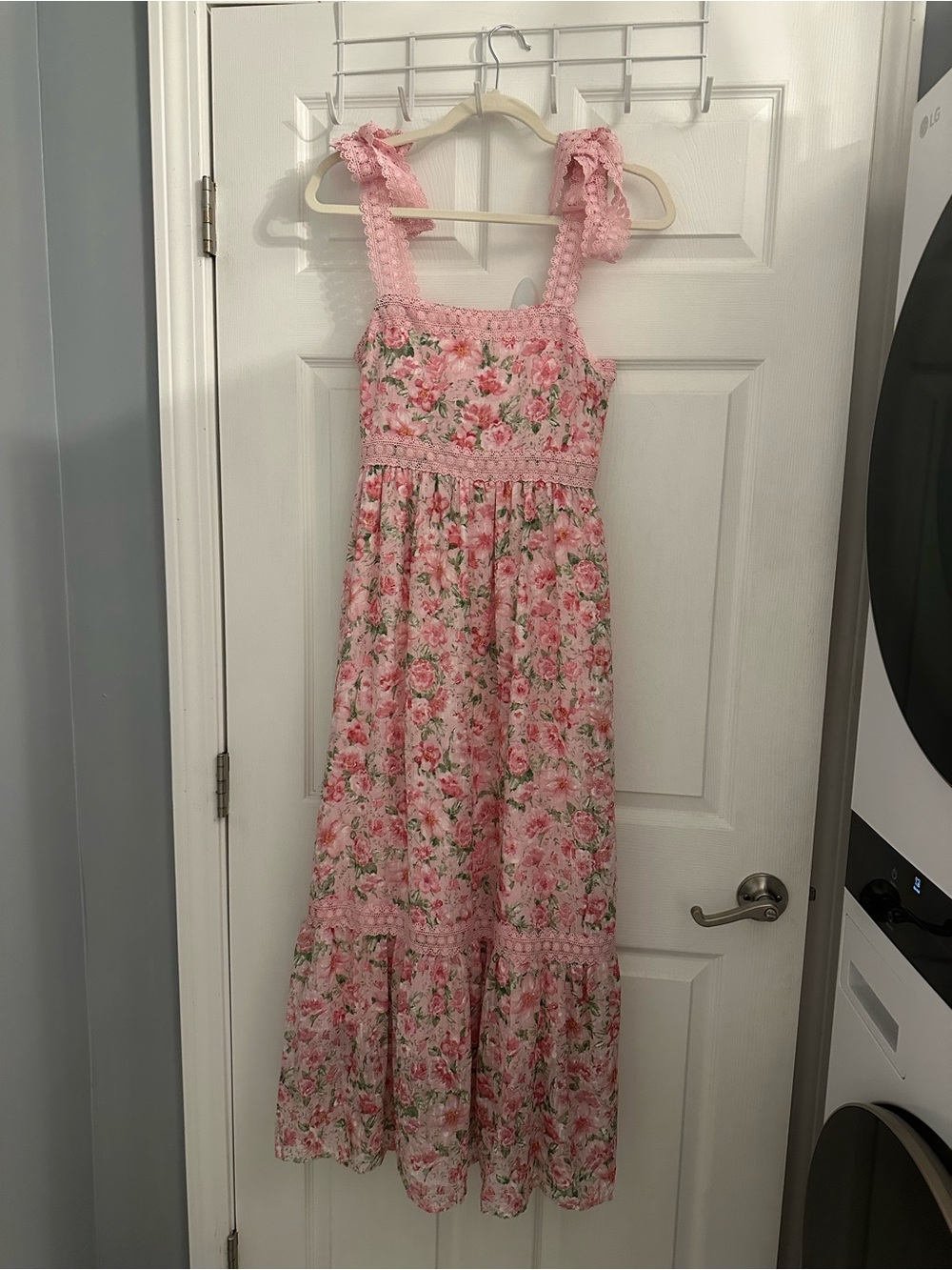 Pink Floral Maxi Dress with Ruffle Straps